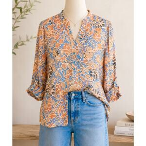 Zac & Rachel XL Blue Orange Floral Pleated Blouse Boho Chic Art to Wear Office